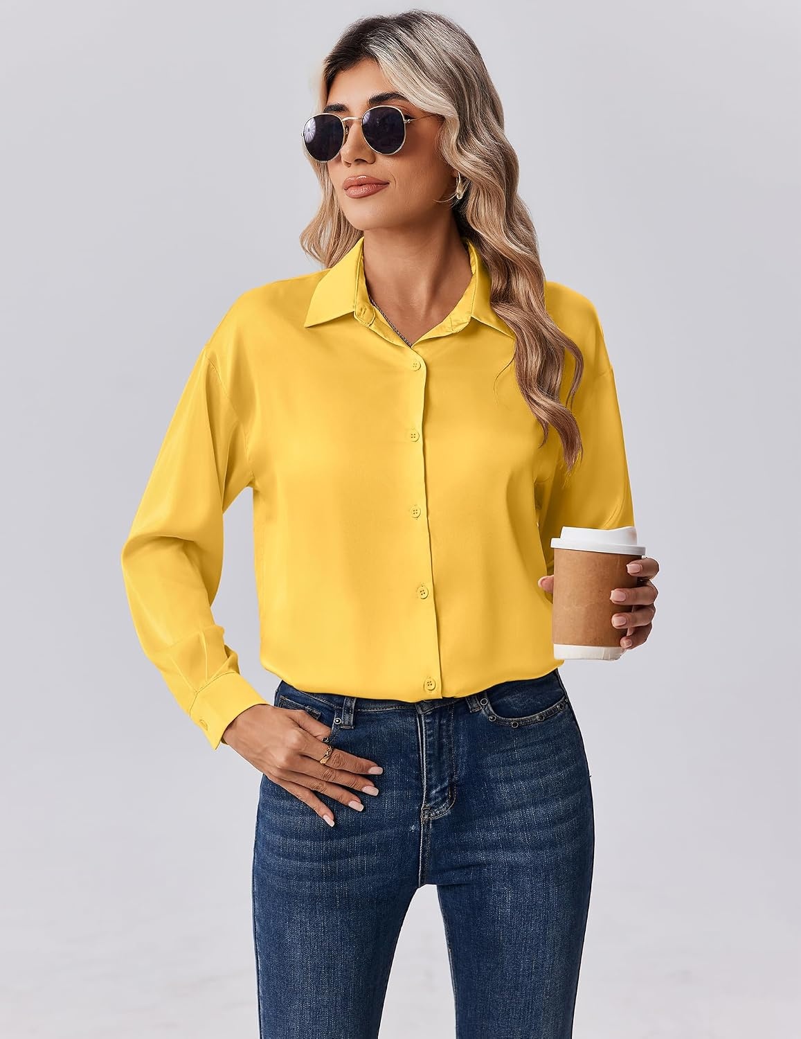 image:imageZeagoo Womens Tops Long Sleeve Satin Silk Button Down Shirts Dressy BlousesYellow
