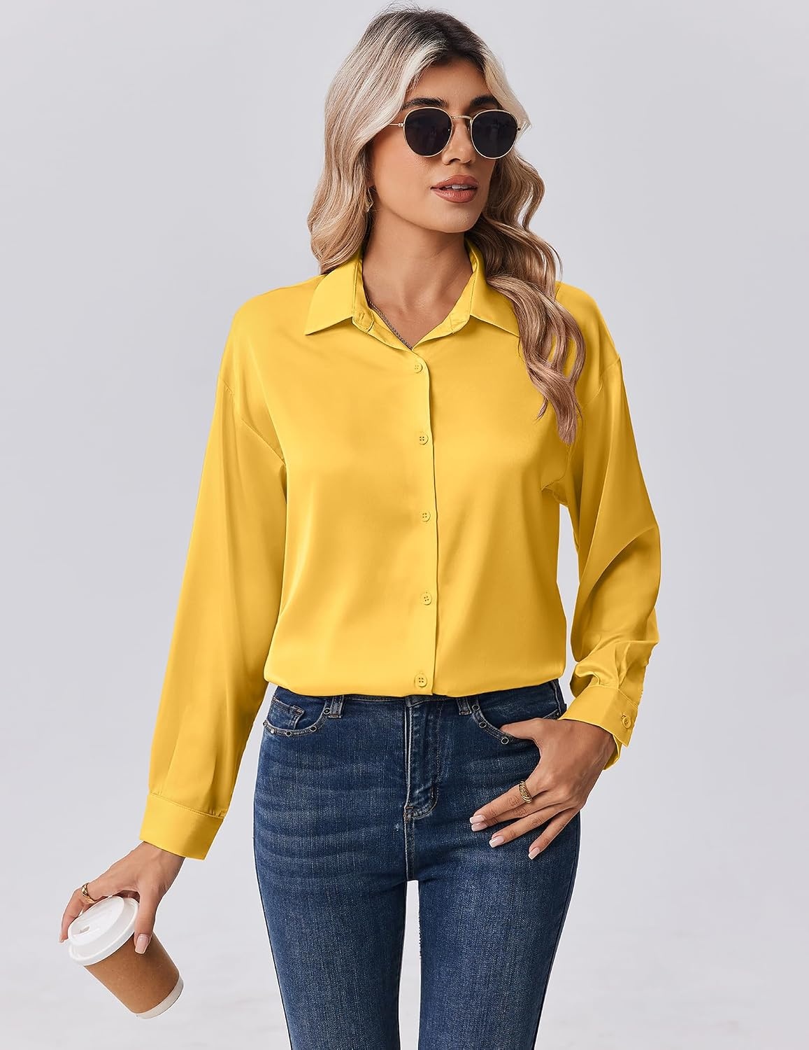 image:imageZeagoo Womens Tops Long Sleeve Satin Silk Button Down Shirts Dressy BlousesYellow