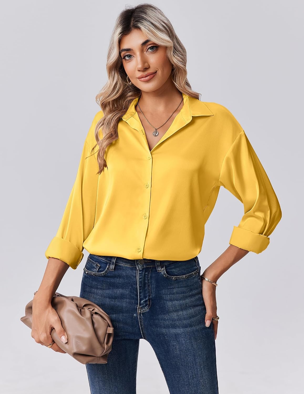 image:imageZeagoo Womens Tops Long Sleeve Satin Silk Button Down Shirts Dressy BlousesYellow