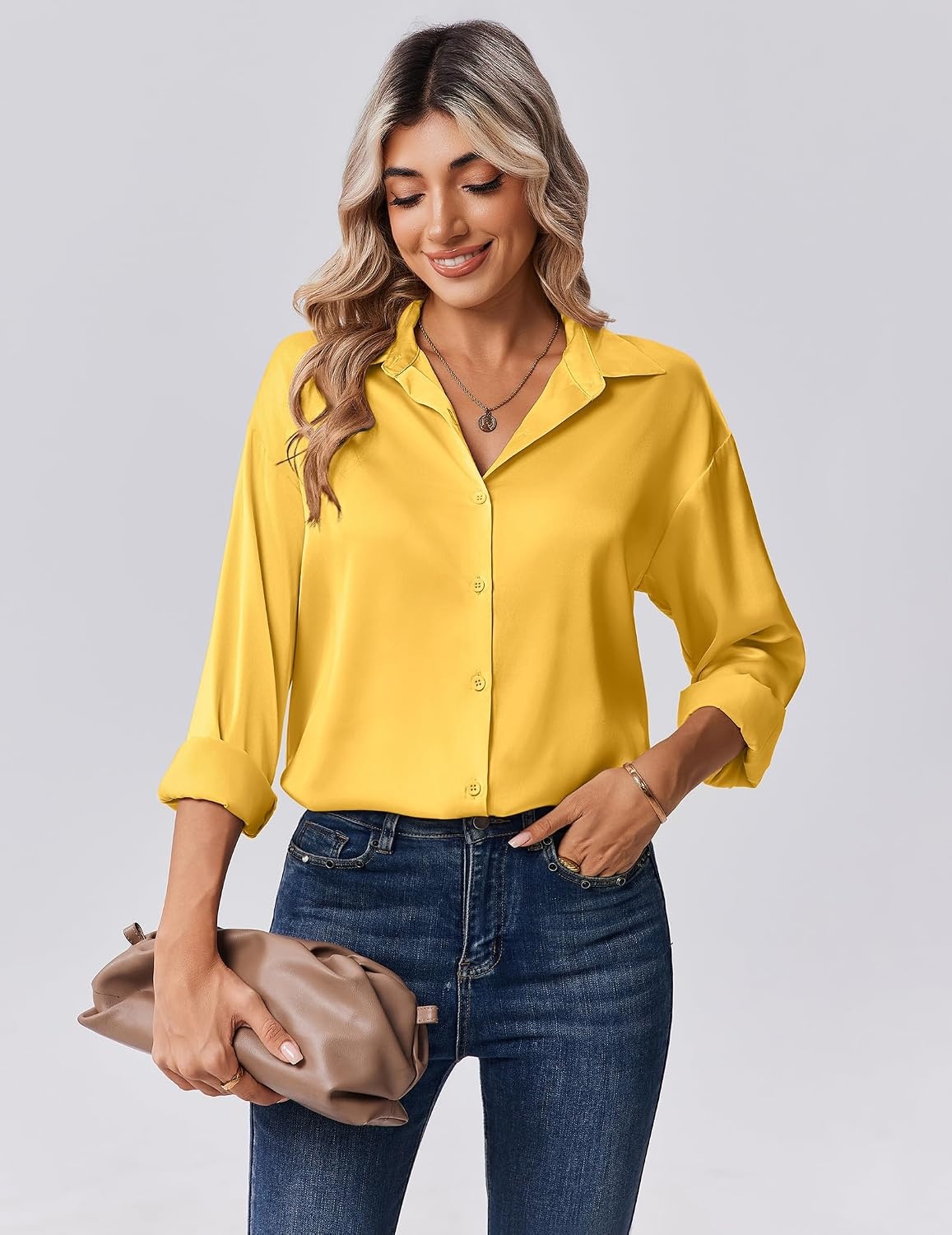 image:imageZeagoo Womens Tops Long Sleeve Satin Silk Button Down Shirts Dressy BlousesYellow