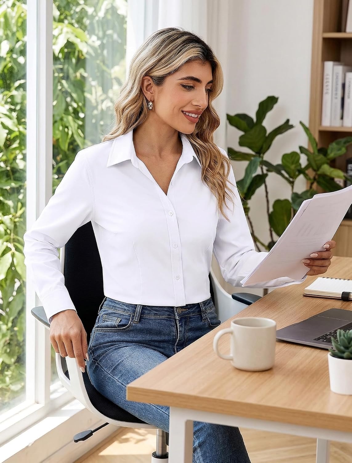 image:imageZeagoo Womens Wrinkle Free Button Down Shirts Long Sleeve Business TopsAwhite