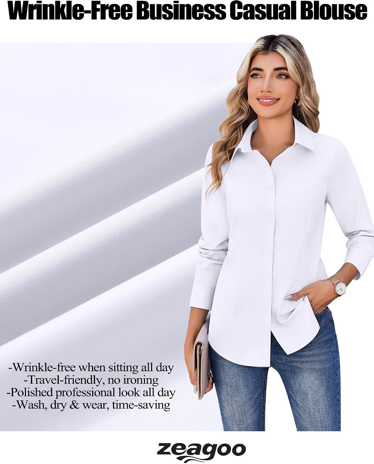 image:imageZeagoo Womens Wrinkle Free Button Down Shirts Long Sleeve Business TopsAwhite