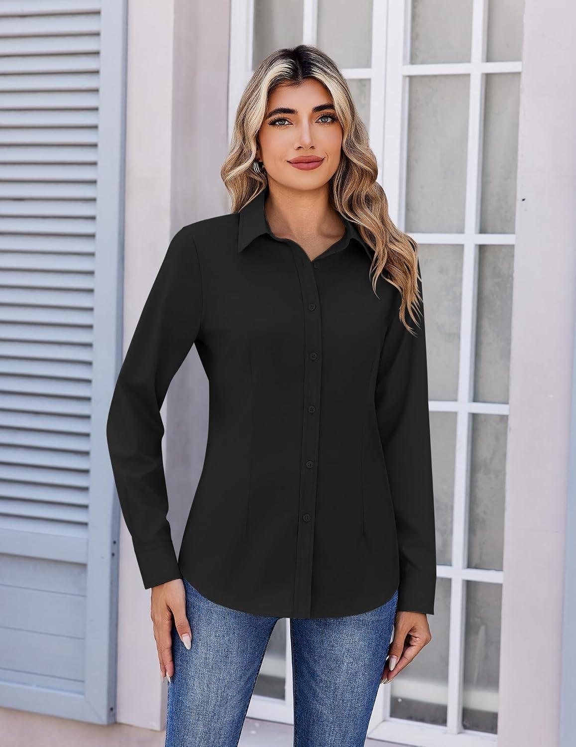 image:imageZeagoo Womens Wrinkle Free Button Down Shirts Long Sleeve Business TopsBlack
