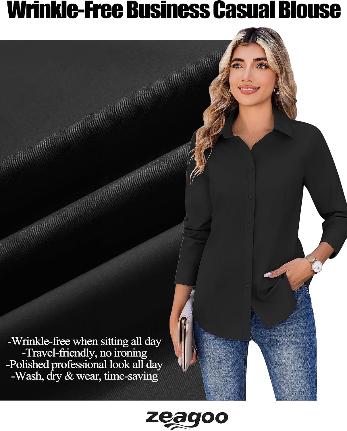 image:imageZeagoo Womens Wrinkle Free Button Down Shirts Long Sleeve Business TopsBlack