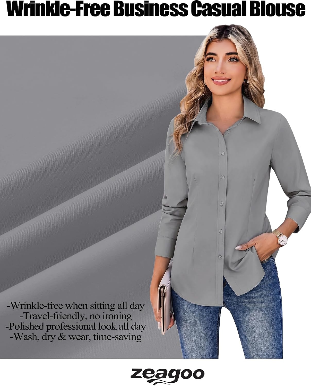 image:imageZeagoo Womens Wrinkle Free Button Down Shirts Long Sleeve Business TopsGrey