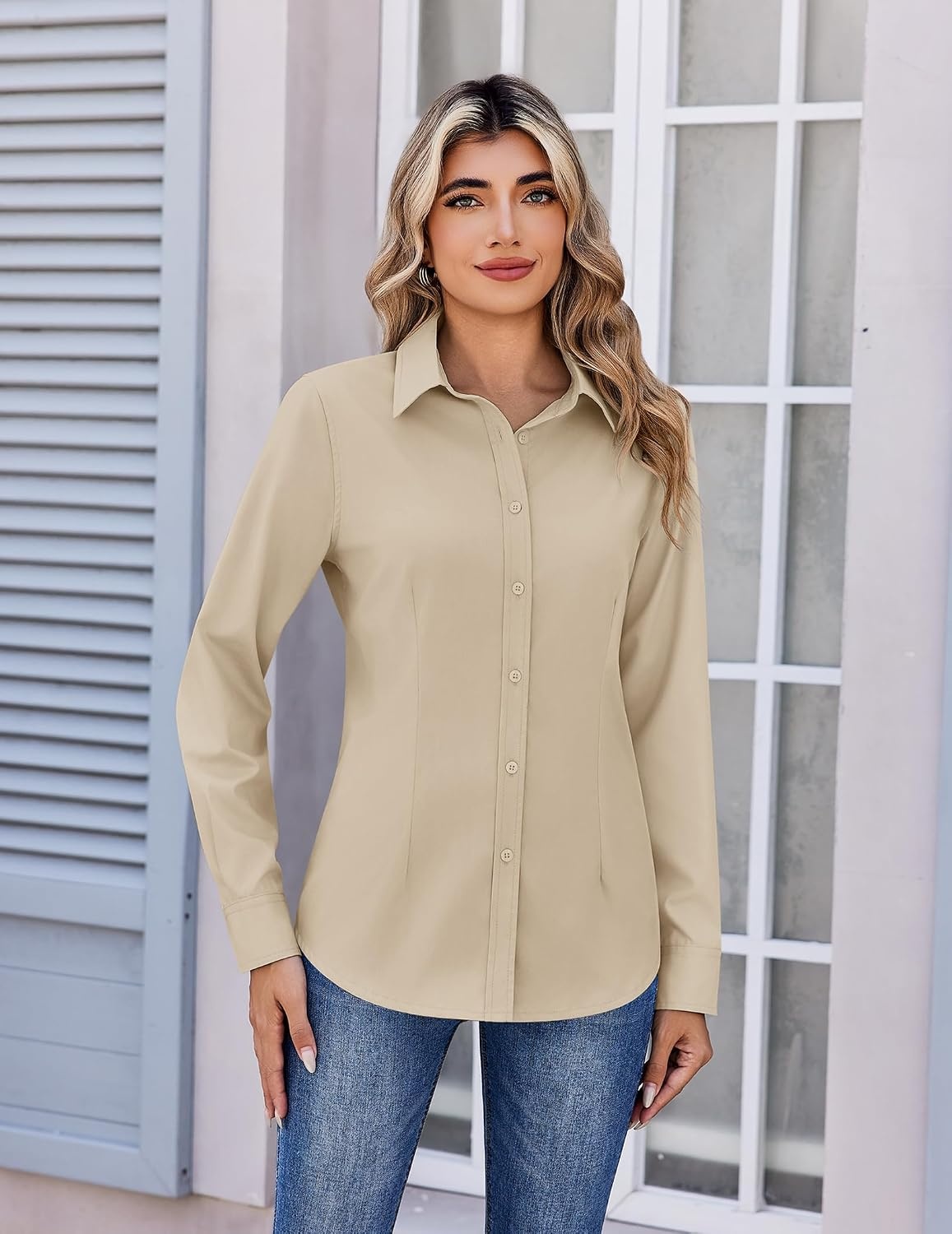 image:imageZeagoo Womens Wrinkle Free Button Down Shirts Long Sleeve Business TopsKhaki