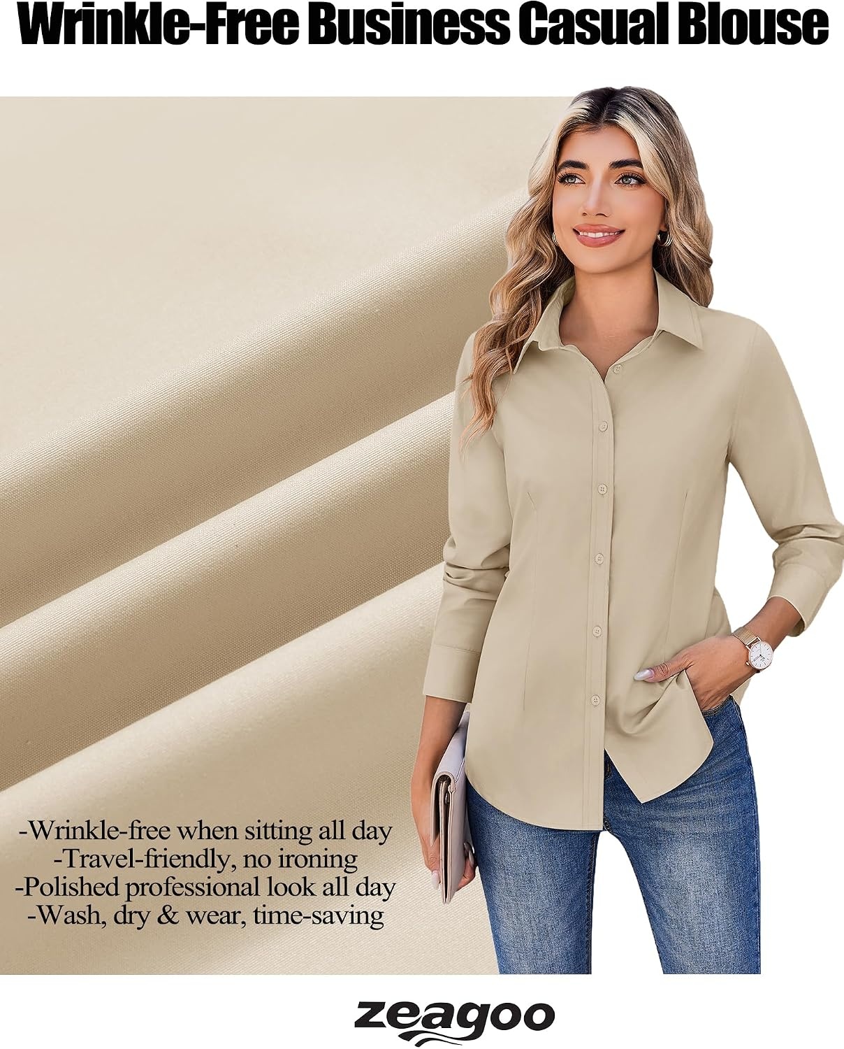 image:imageZeagoo Womens Wrinkle Free Button Down Shirts Long Sleeve Business TopsKhaki