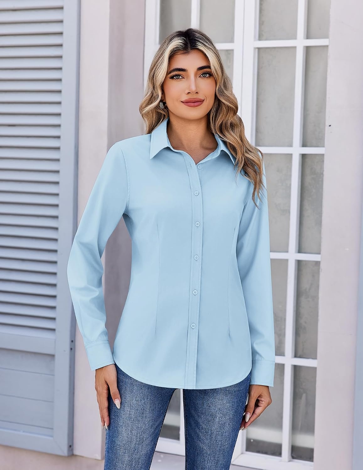 image:imageZeagoo Womens Wrinkle Free Button Down Shirts Long Sleeve Business TopsLight Blue