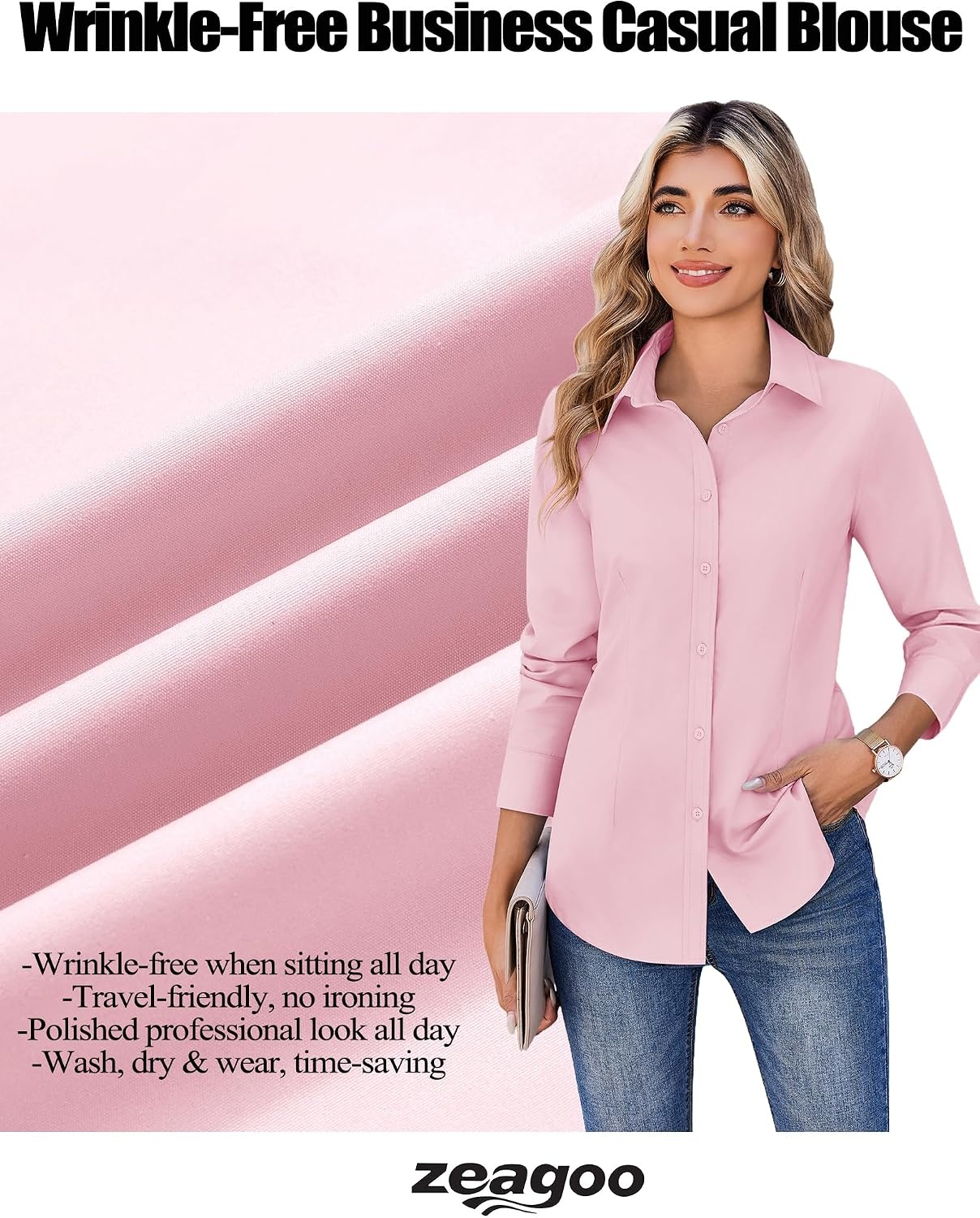 image:imageZeagoo Womens Wrinkle Free Button Down Shirts Long Sleeve Business TopsPink
