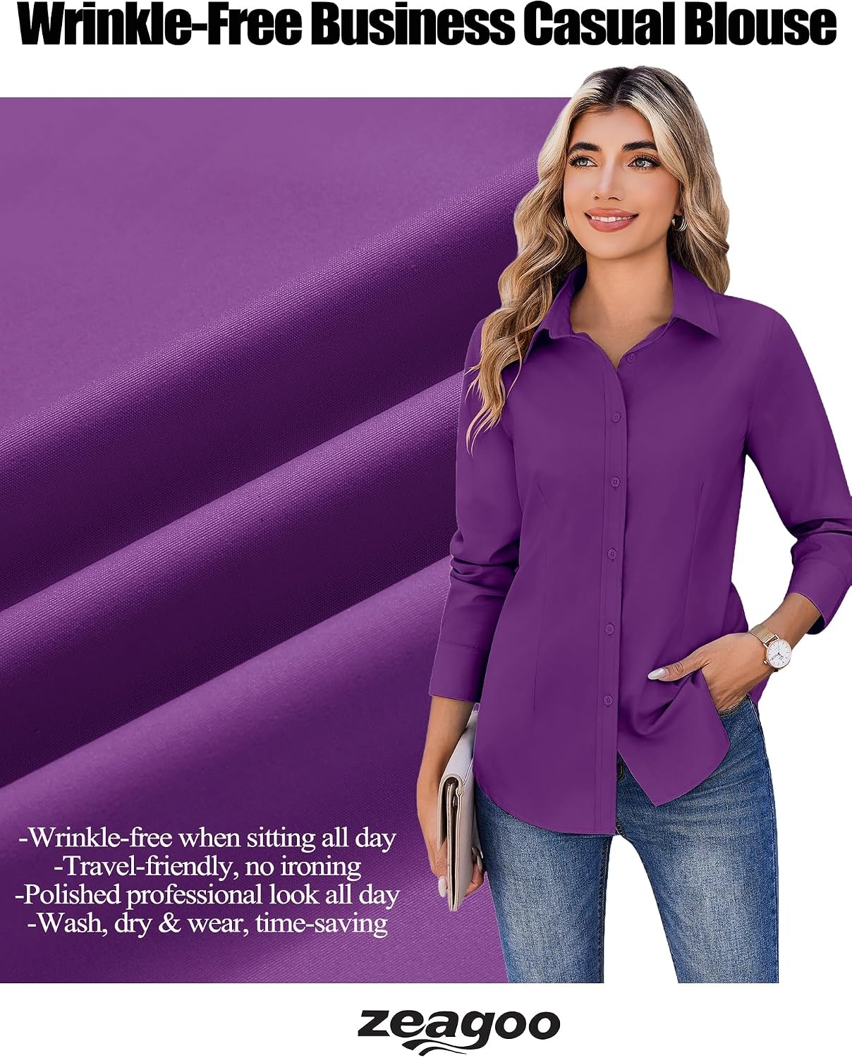 image:imageZeagoo Womens Wrinkle Free Button Down Shirts Long Sleeve Business TopsPurple