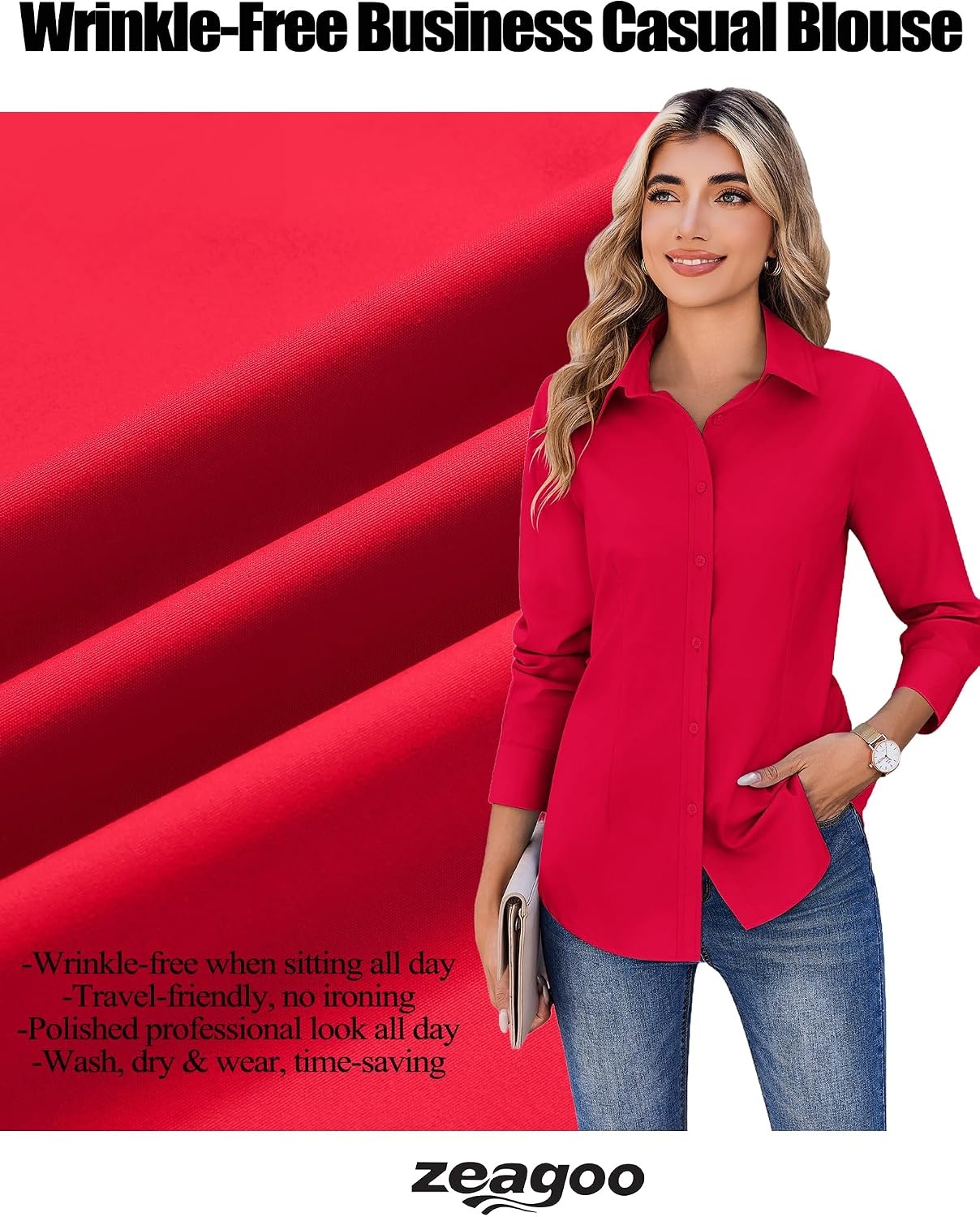 image:imageZeagoo Womens Wrinkle Free Button Down Shirts Long Sleeve Business TopsRed