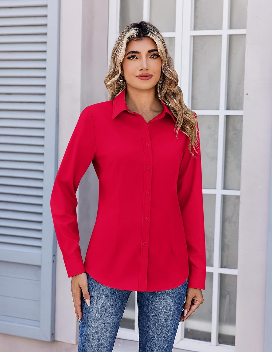 image:imageZeagoo Womens Wrinkle Free Button Down Shirts Long Sleeve Business TopsRed