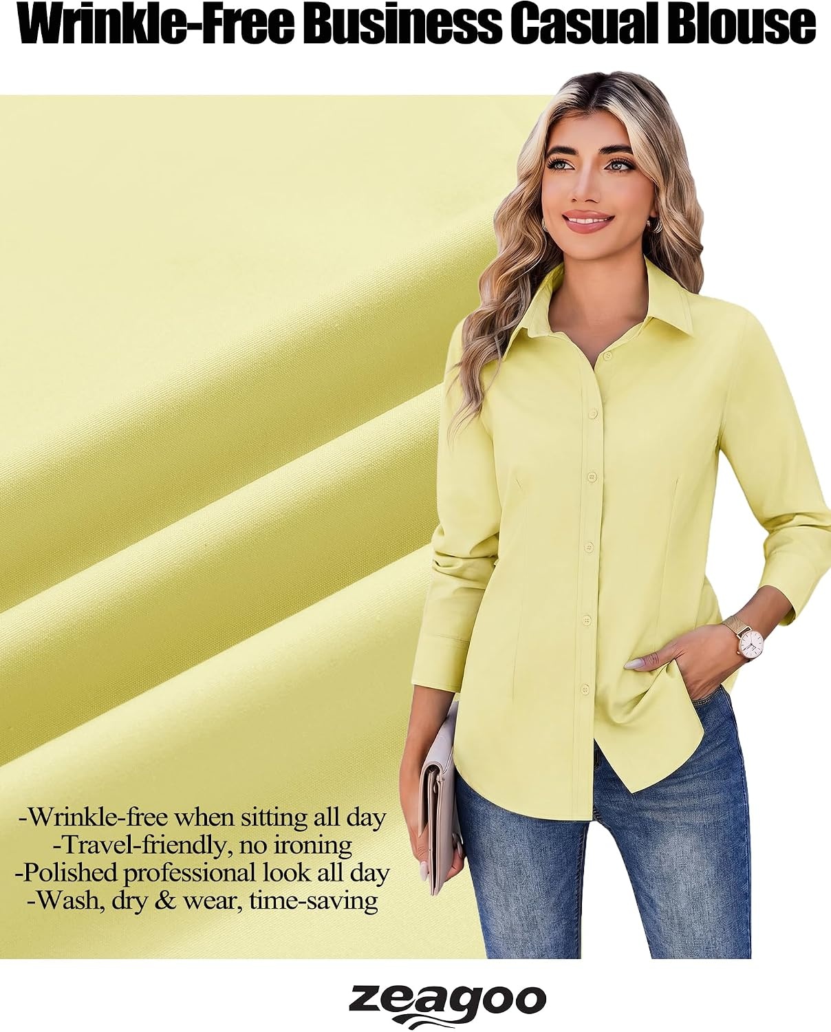 image:imageZeagoo Womens Wrinkle Free Button Down Shirts Long Sleeve Business TopsYellow