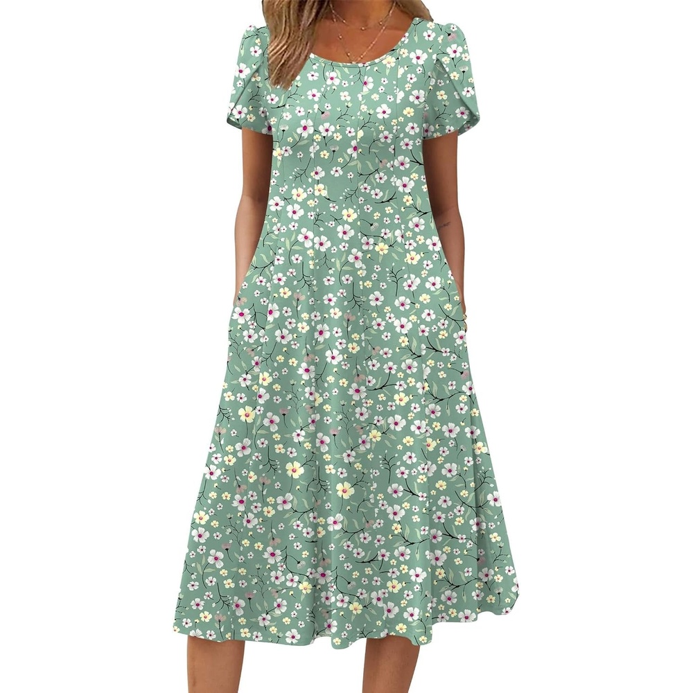 image:imageZEAGOO Womens Casual Dresses for Summer Short Sleeve Flare Midi Dress Loose Flowy Beach Sundress2601 Green Floral