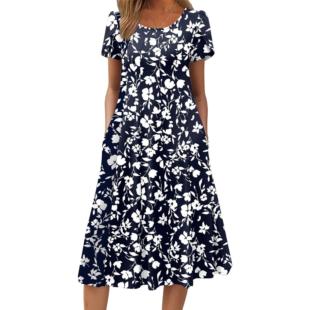 image:imageZEAGOO Womens Casual Dresses for Summer Short Sleeve Flare Midi Dress Loose Flowy Beach Sundress2601 Navy Floral