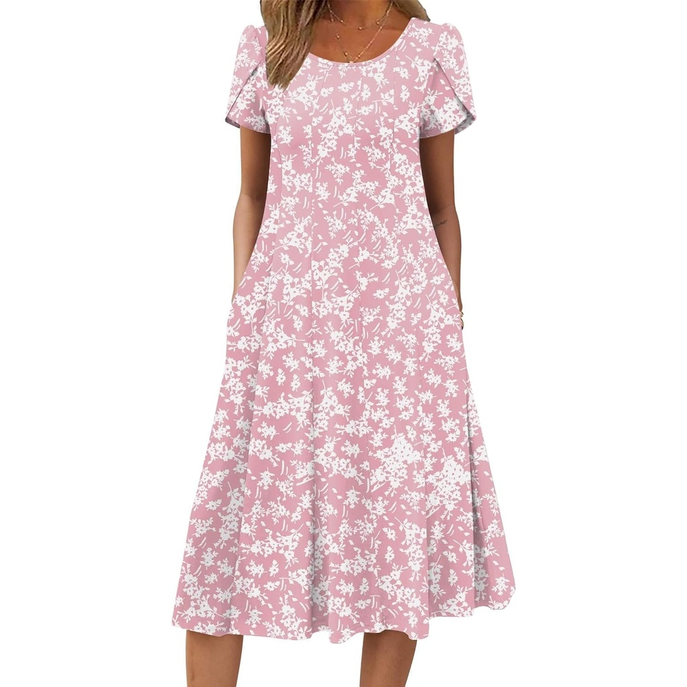 image:imageZEAGOO Womens Casual Dresses for Summer Short Sleeve Flare Midi Dress Loose Flowy Beach Sundress2601 Pink Floral
