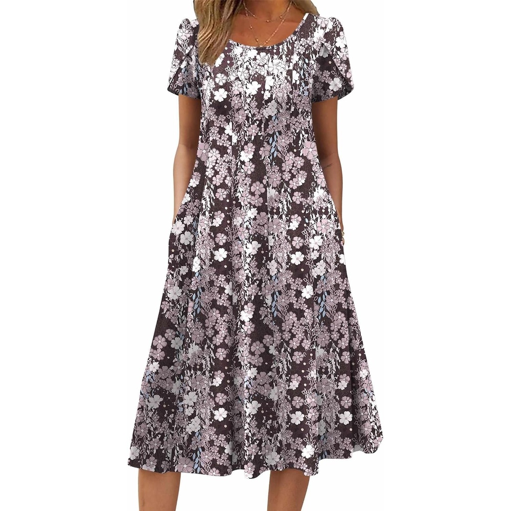 image:imageZEAGOO Womens Casual Dresses for Summer Short Sleeve Flare Midi Dress Loose Flowy Beach Sundress2602 Brown Flower