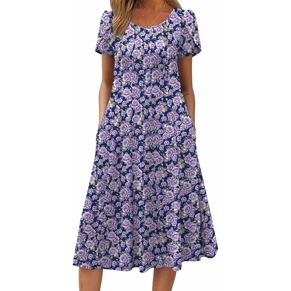 image:imageZEAGOO Womens Casual Dresses for Summer Short Sleeve Flare Midi Dress Loose Flowy Beach Sundress2602 Purple Flower