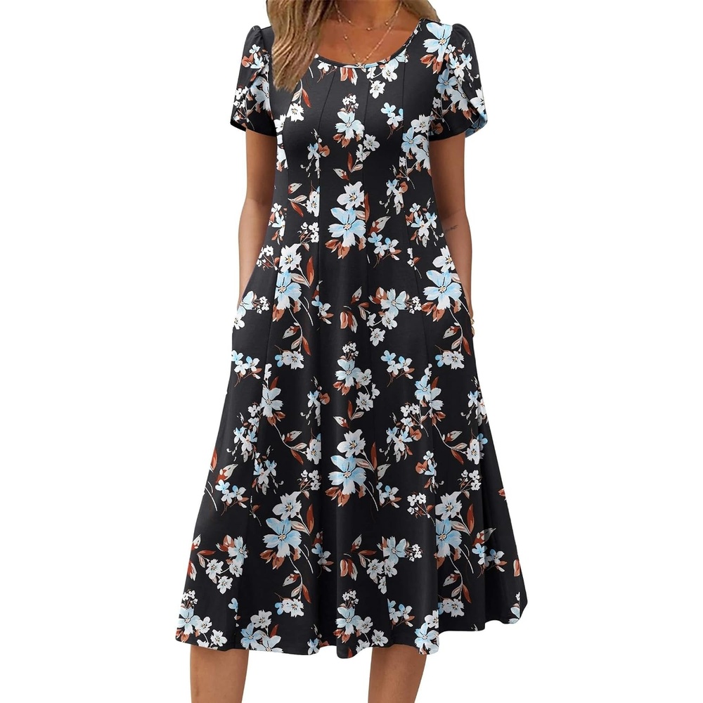 image:imageZEAGOO Womens Casual Dresses for Summer Short Sleeve Flare Midi Dress Loose Flowy Beach SundressBlack Flower