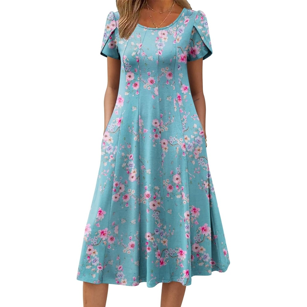 image:imageZEAGOO Womens Casual Dresses for Summer Short Sleeve Flare Midi Dress Loose Flowy Beach SundressBlue Flower