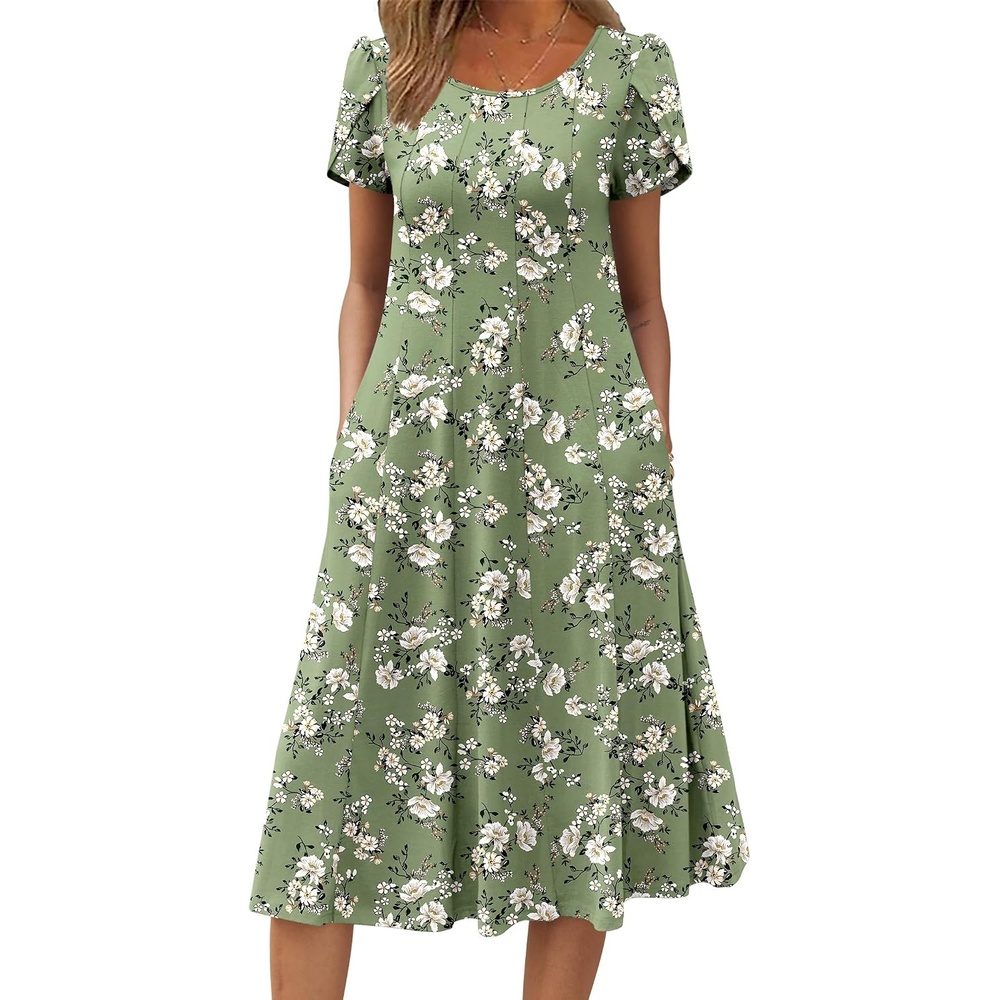 image:imageZEAGOO Womens Casual Dresses for Summer Short Sleeve Flare Midi Dress Loose Flowy Beach SundressGreen Floral