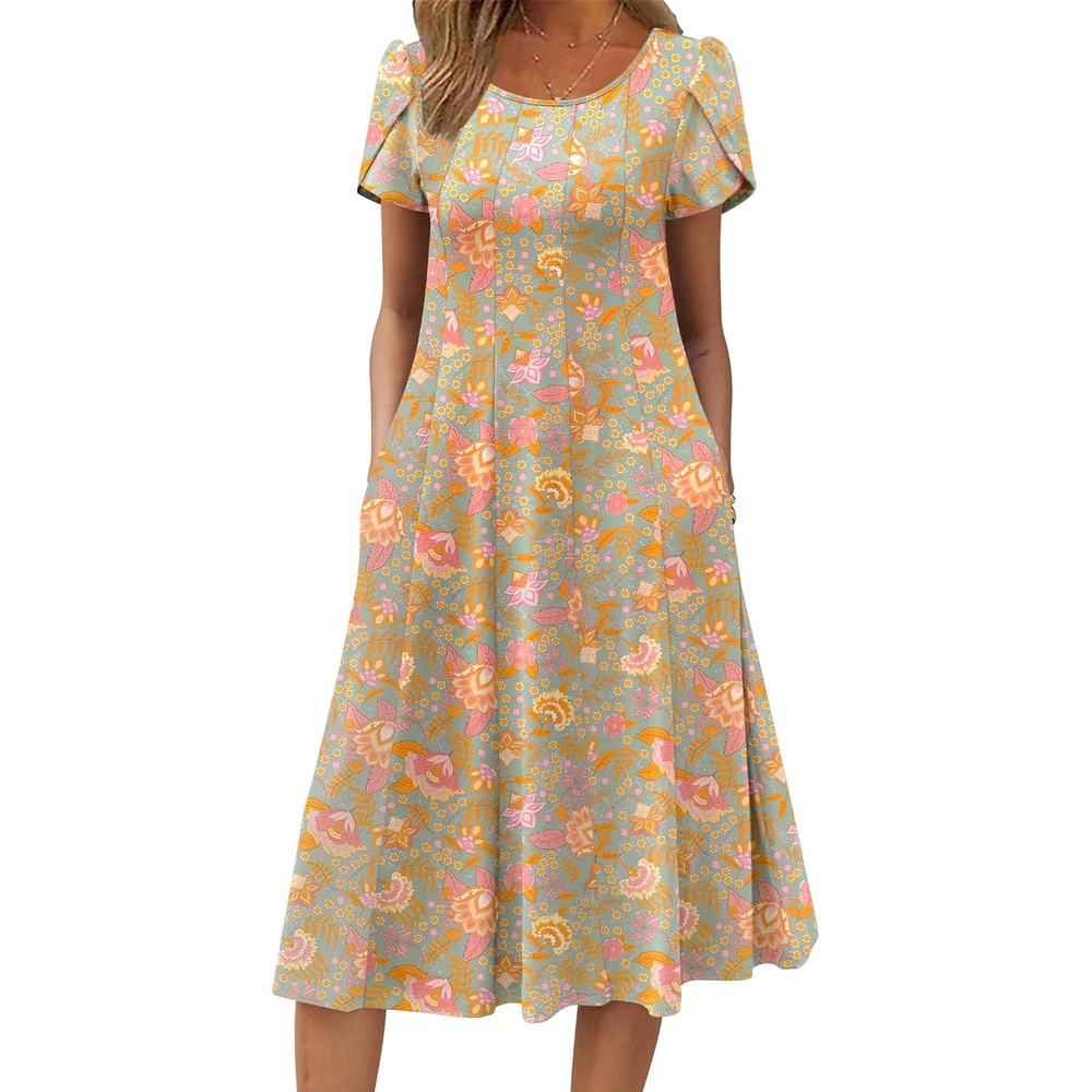 image:imageZEAGOO Womens Casual Dresses for Summer Short Sleeve Flare Midi Dress Loose Flowy Beach SundressGreygreen