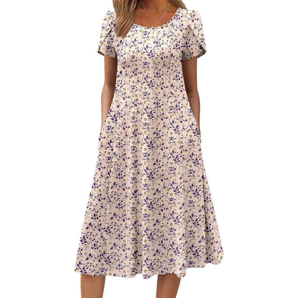 image:imageZEAGOO Womens Casual Dresses for Summer Short Sleeve Flare Midi Dress Loose Flowy Beach SundressIvory Floral 02