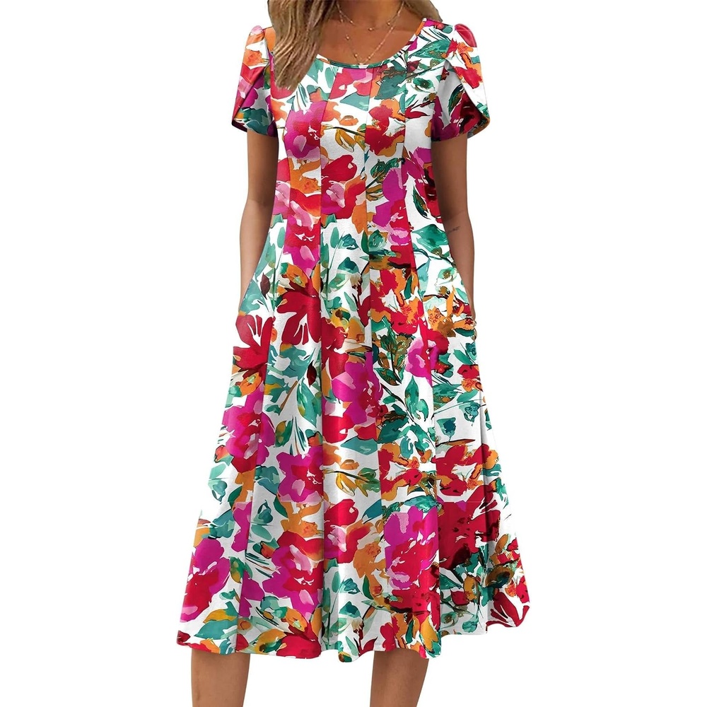 image:imageZEAGOO Womens Casual Dresses for Summer Short Sleeve Flare Midi Dress Loose Flowy Beach SundressPink Floral