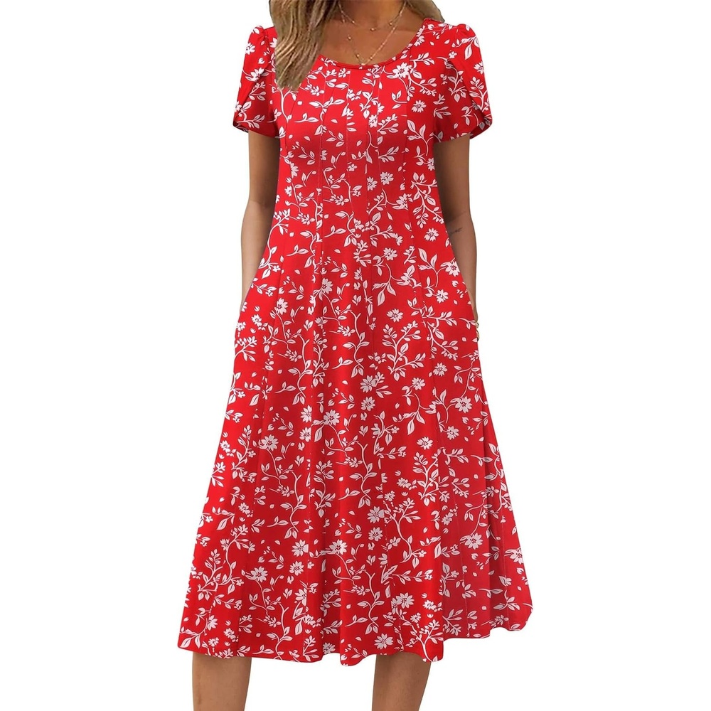 image:imageZEAGOO Womens Casual Dresses for Summer Short Sleeve Flare Midi Dress Loose Flowy Beach SundressRed Floral