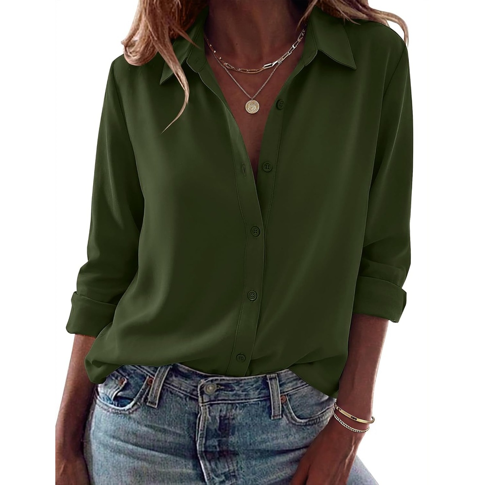 image:imageZeagoo Blouses for Women Dressy Casual Long Sleeve Button Down Shirts TopsArmy Green