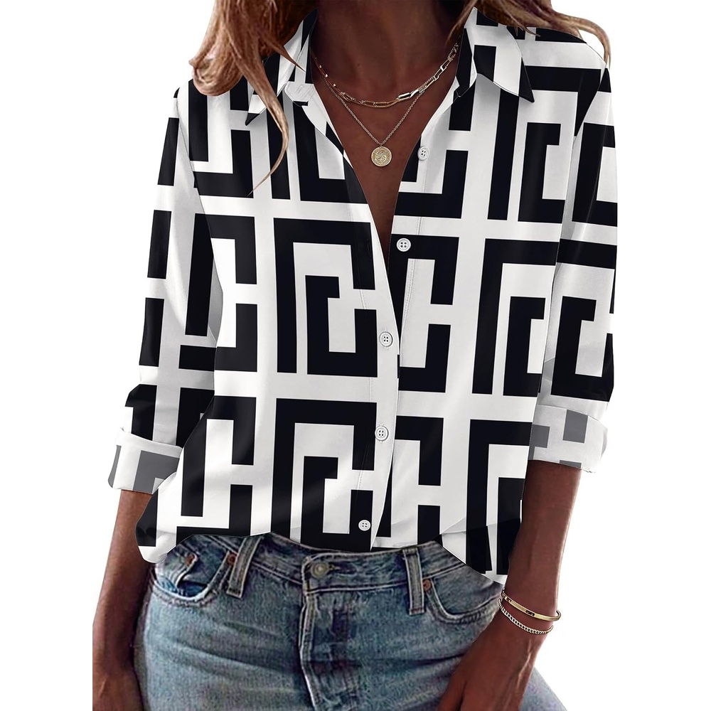 image:imageZeagoo Blouses for Women Dressy Casual Long Sleeve Button Down Shirts TopsBlack White Geometry