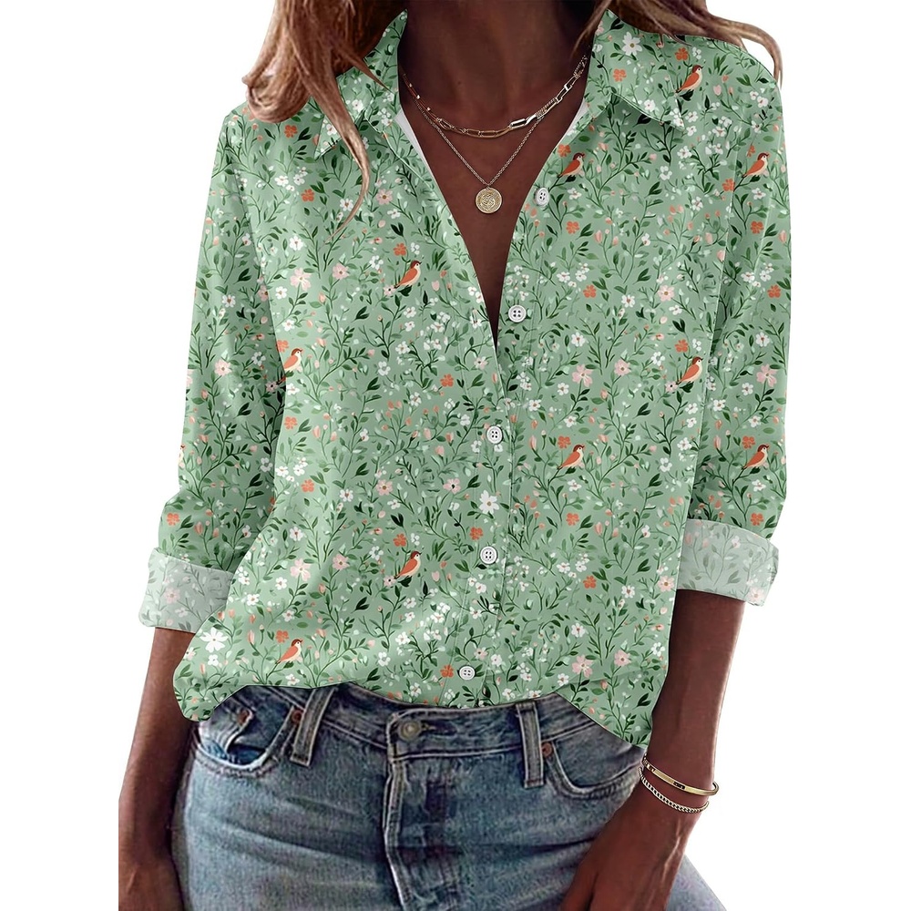 image:imageZeagoo Blouses for Women Dressy Casual Long Sleeve Button Down Shirts TopsGreen Floral
