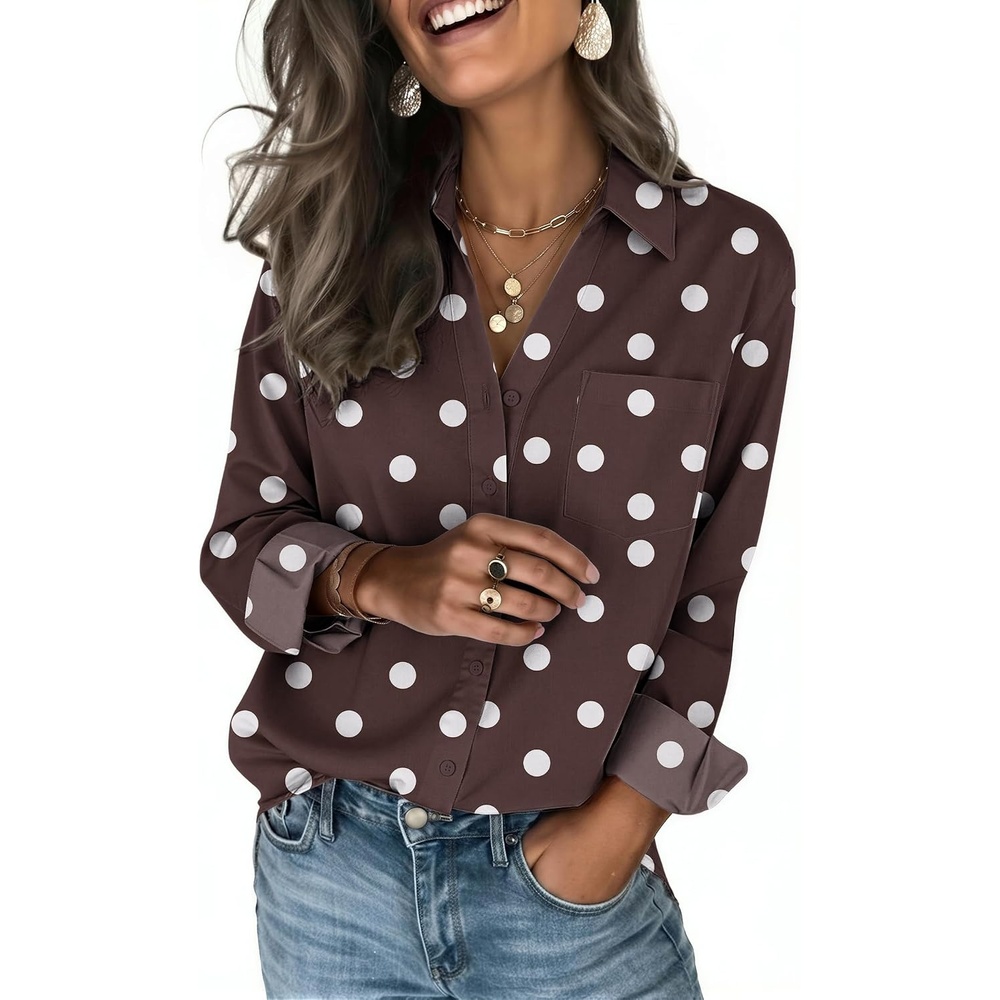 image:imageZeagoo Blouses for Women Long Sleeve Dressy Casual Button Down ShirtsBrown Polka Dots