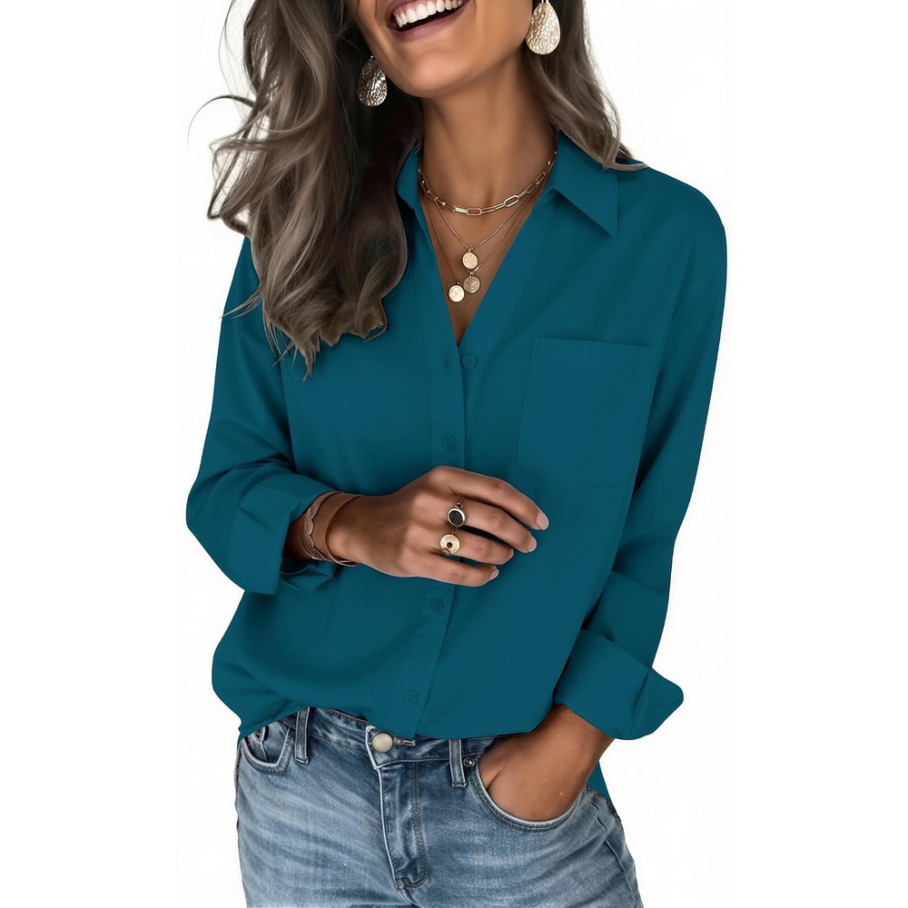 image:imageZeagoo Blouses for Women Long Sleeve Dressy Casual Button Down ShirtsTeal Blue