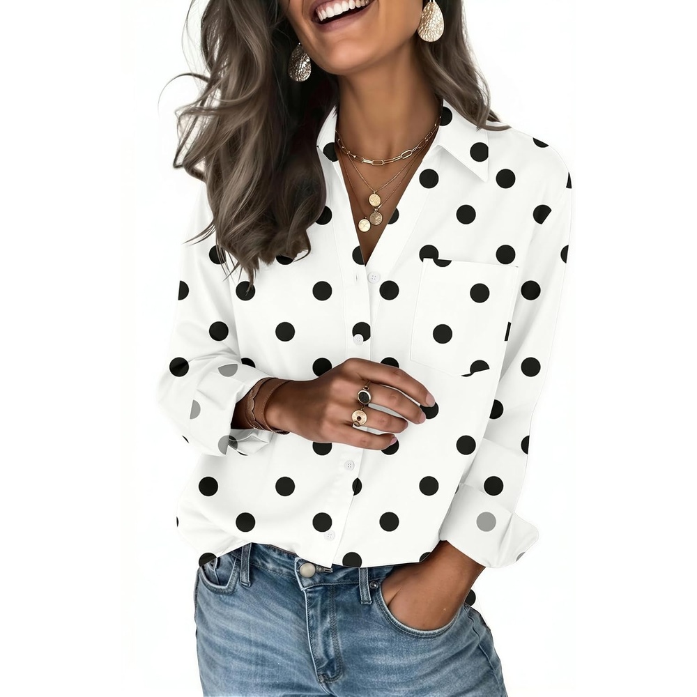 image:imageZeagoo Blouses for Women Long Sleeve Dressy Casual Button Down ShirtsWhite Polka
