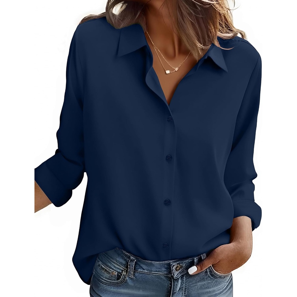 image:imageZeagoo Button Down Shirt Women Long Sleeve Blouses Casual Tops Work OutfitsCnavy Bluestain Shield