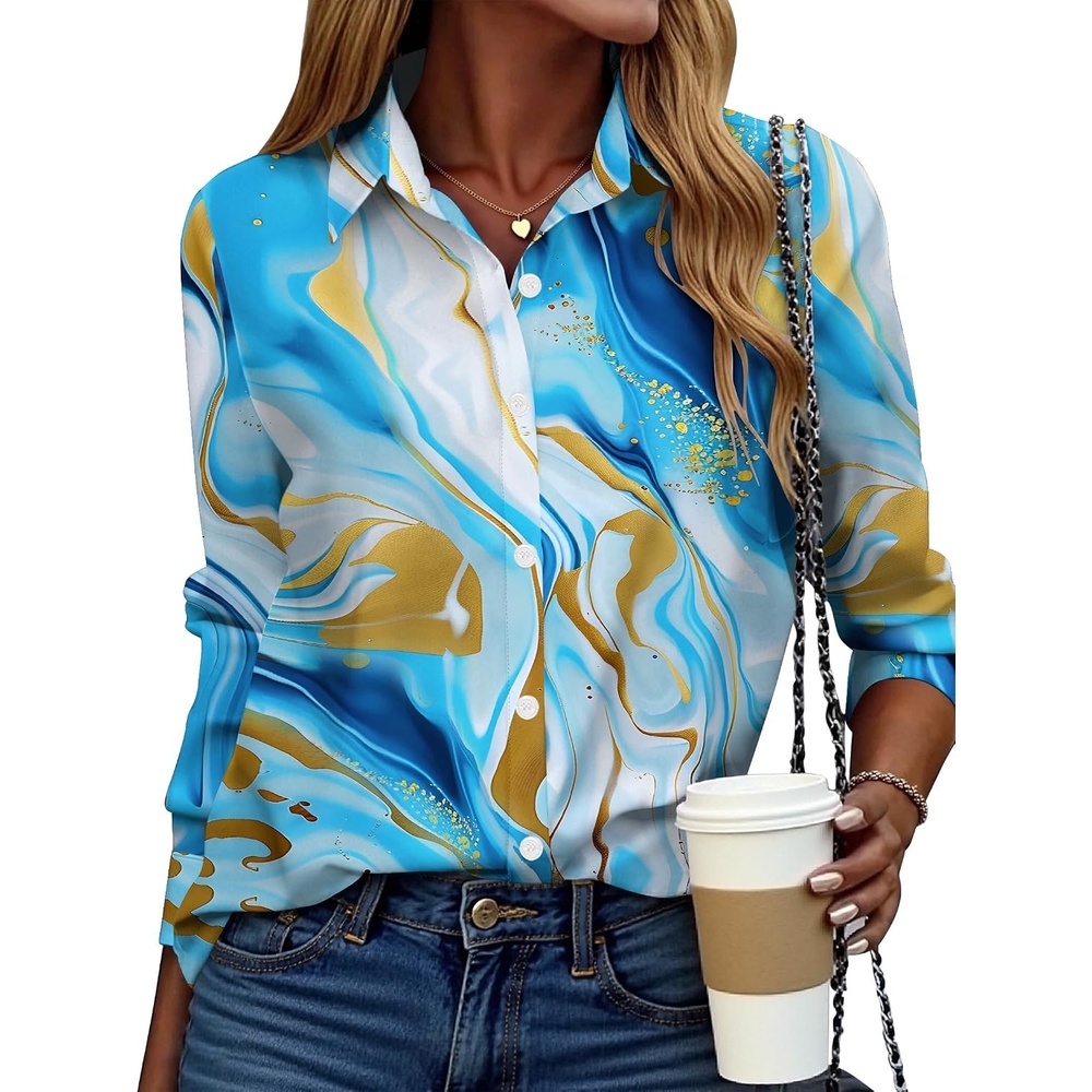 image:imageZeagoo Button Down Shirt Women Long Sleeve Blouses Casual Tops Work OutfitsDblue Printed