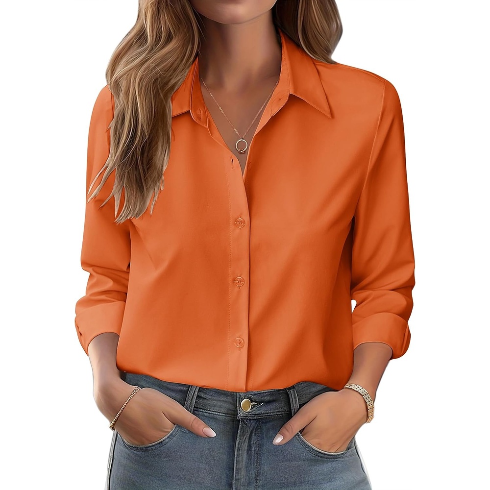 image:imageZeagoo Button Down Shirts for Women Dressy Printed Long Sleeve BlouseA Orange