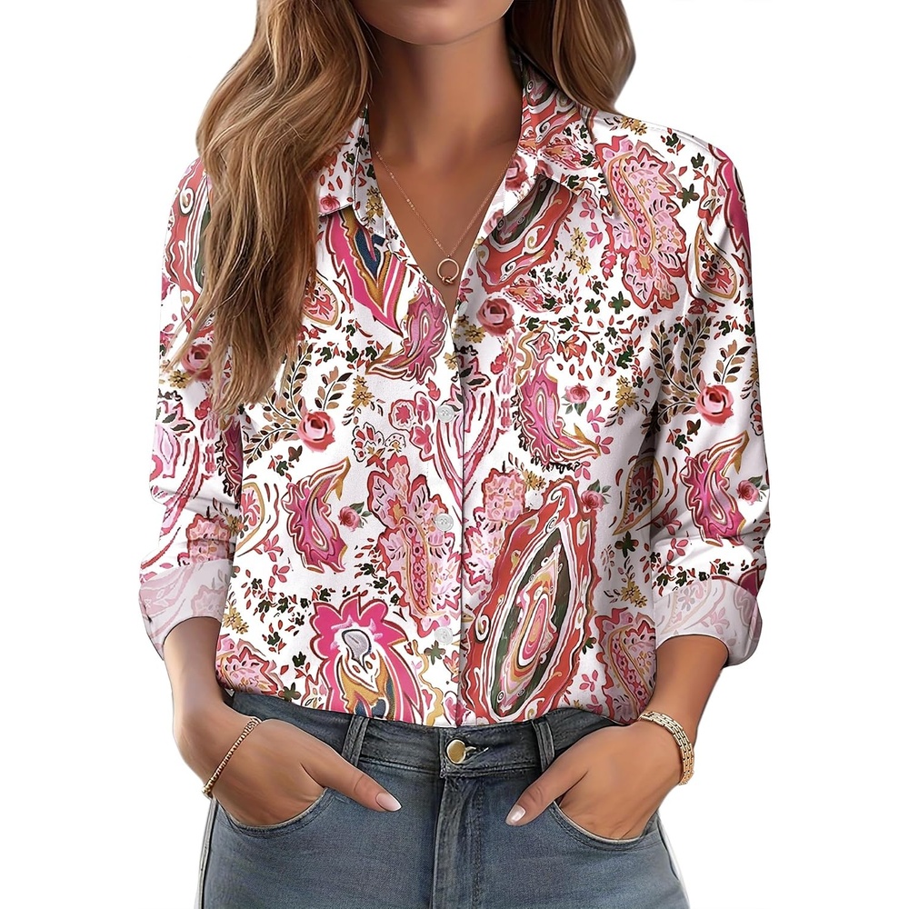 image:imageZeagoo Button Down Shirts for Women Dressy Printed Long Sleeve BlouseCx244