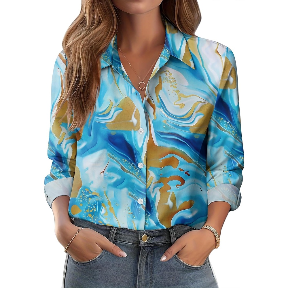 image:imageZeagoo Button Down Shirts for Women Dressy Printed Long Sleeve BlouseCx274