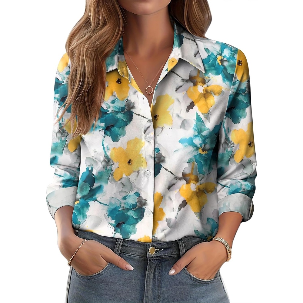image:imageZeagoo Button Down Shirts for Women Dressy Printed Long Sleeve BlouseDh637