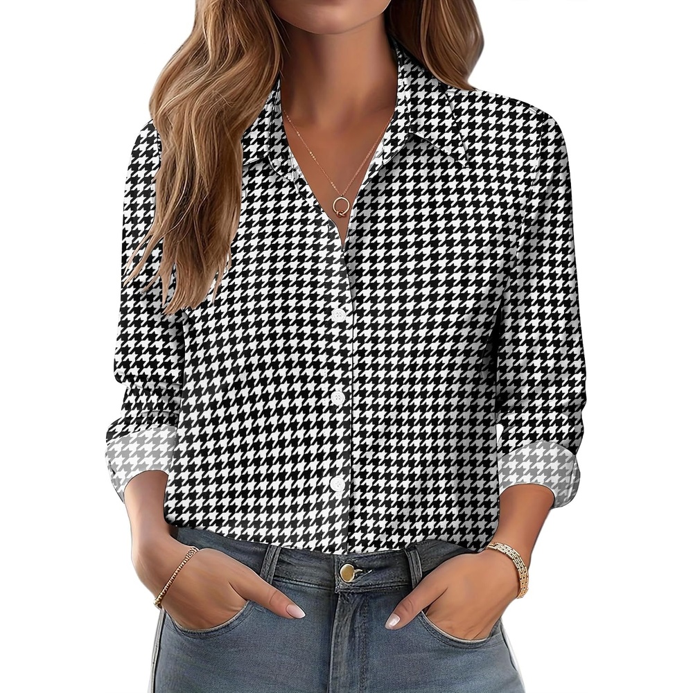 image:imageZeagoo Button Down Shirts for Women Dressy Printed Long Sleeve BlouseHoundstooth