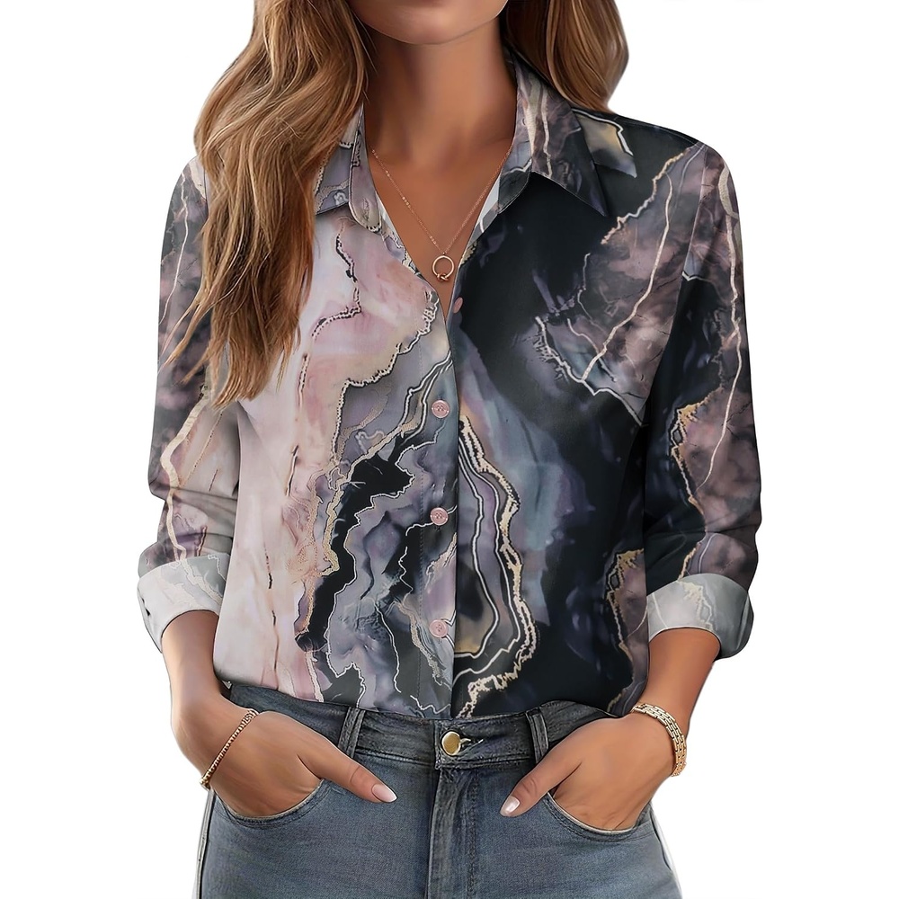 image:imageZeagoo Button Down Shirts for Women Dressy Printed Long Sleeve BlouseKhaki Marble Print