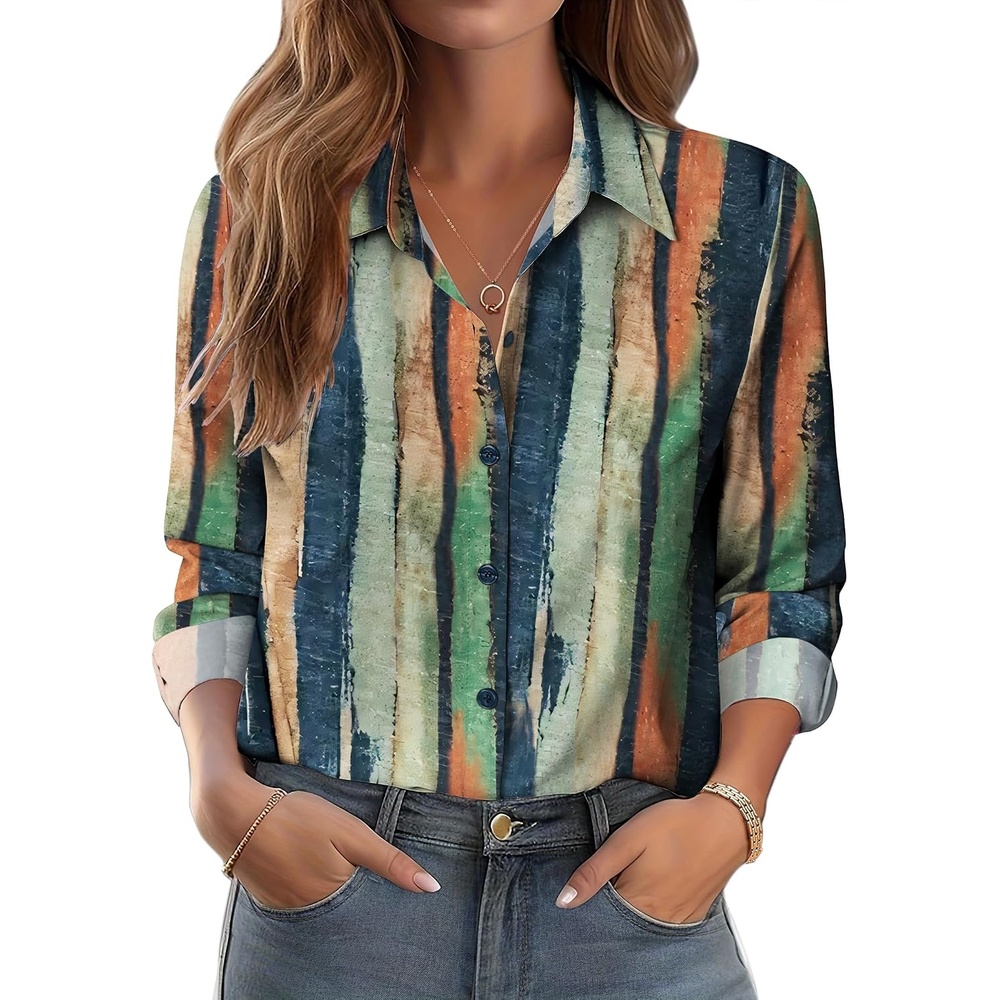 image:imageZeagoo Button Down Shirts for Women Dressy Printed Long Sleeve BlouseMulticolor Stripe