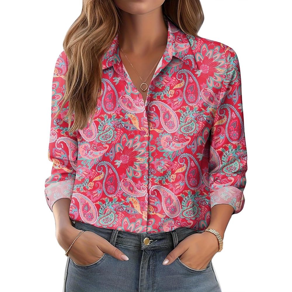 image:imageZeagoo Button Down Shirts for Women Dressy Printed Long Sleeve BlouseMz750