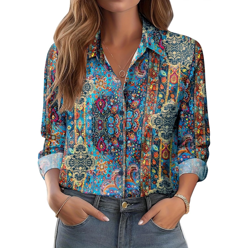 image:imageZeagoo Button Down Shirts for Women Dressy Printed Long Sleeve BlouseMz779