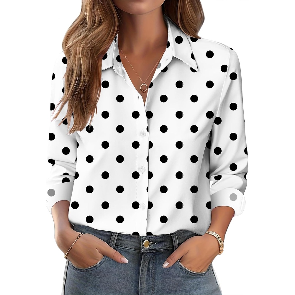 image:imageZeagoo Button Down Shirts for Women Dressy Printed Long Sleeve BlousePolka Dots White 592