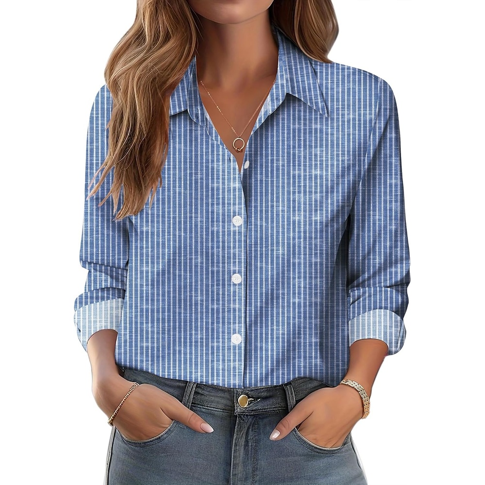 image:imageZeagoo Button Down Shirts for Women Dressy Printed Long Sleeve BlouseStripe Blue 273