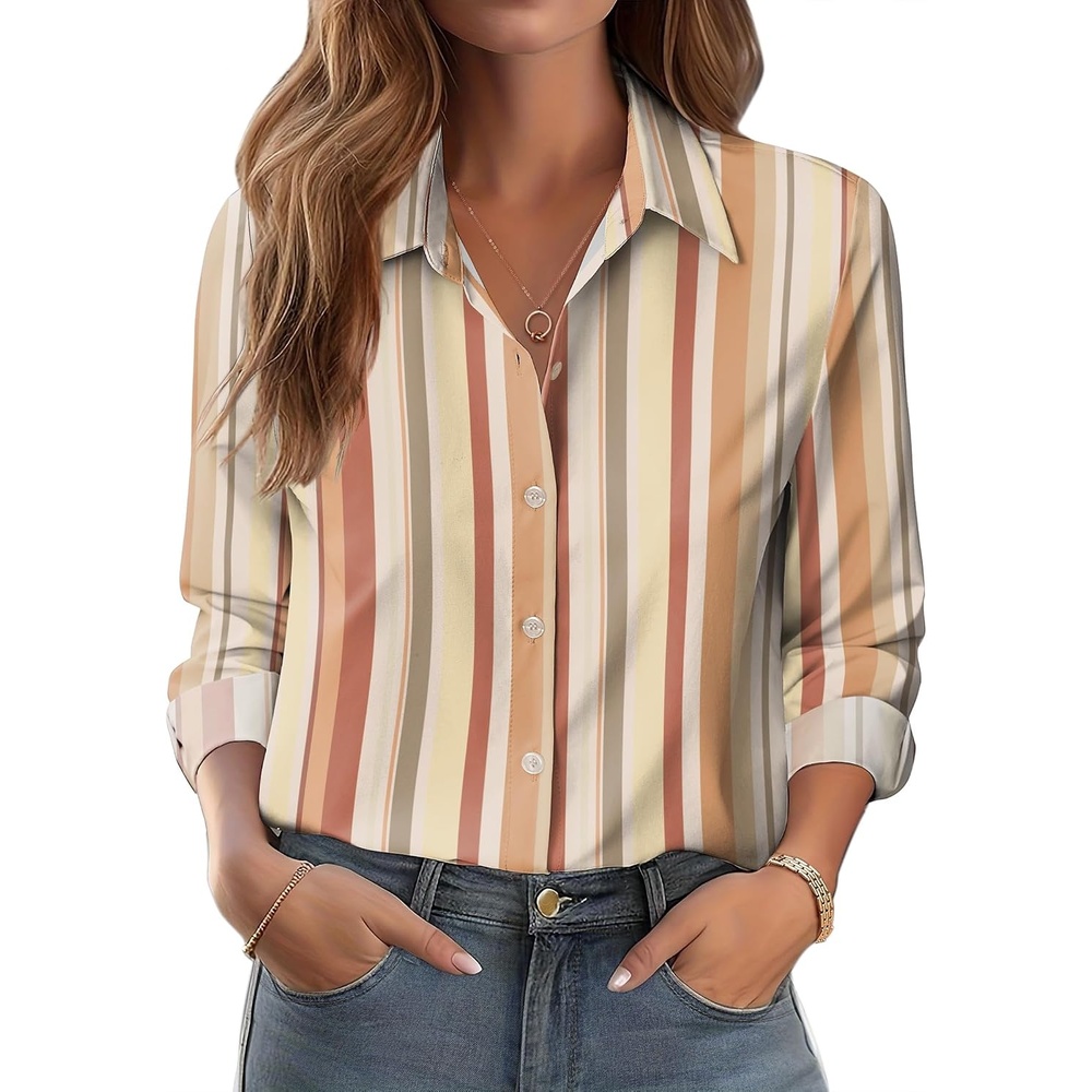 image:imageZeagoo Button Down Shirts for Women Dressy Printed Long Sleeve BlouseStripe Multicolor