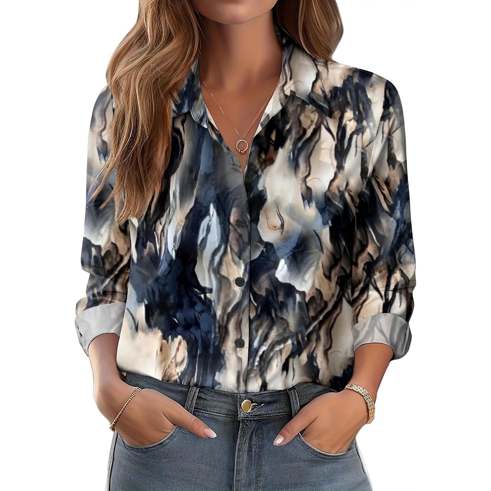 image:imageZeagoo Button Down Shirts for Women Dressy Printed Long Sleeve BlouseZr220